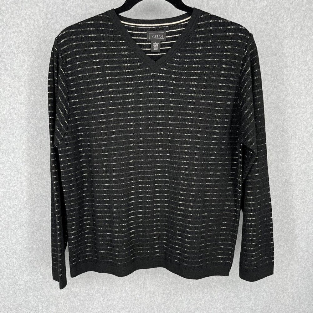 Cezani Mens V Neck Long Sleeve Knit Sweater Size L Black Tan Wool Neutral EUC